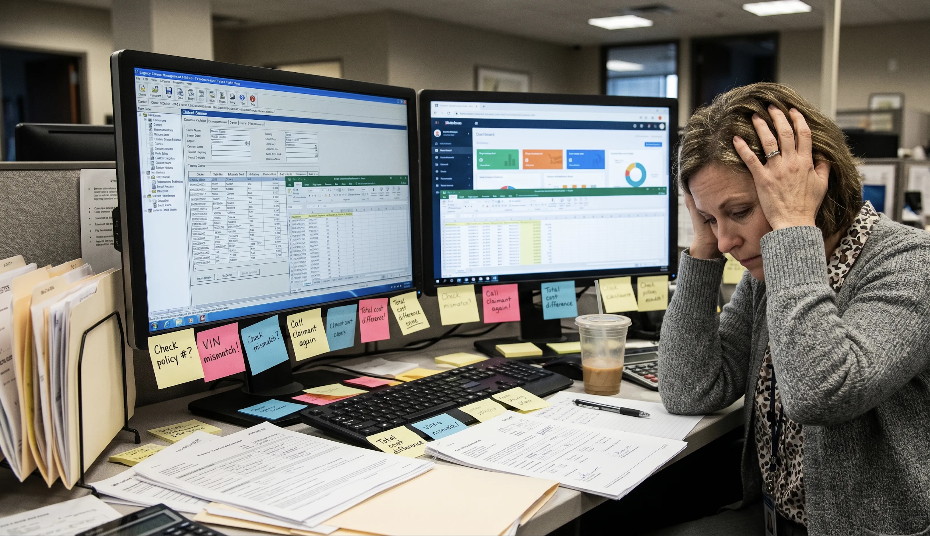 Frustrated adjuster re-typing an estimate between two different platforms