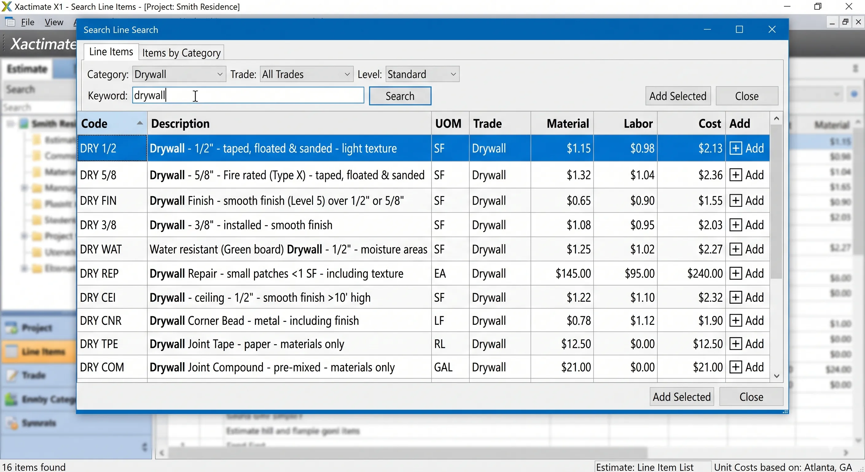 Xactimate line item search interface showing code categories