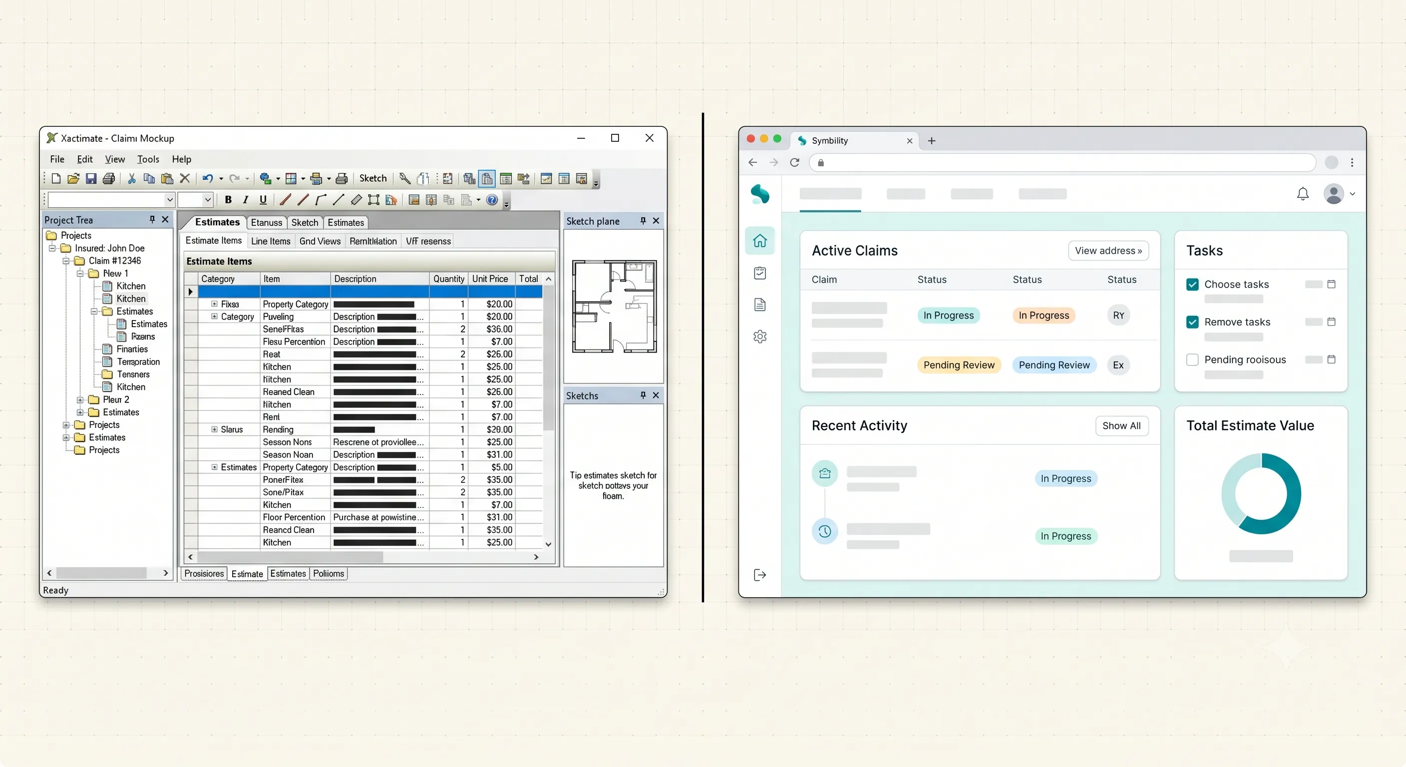 Side-by-side comparison of Xactimate and Symbility interfaces